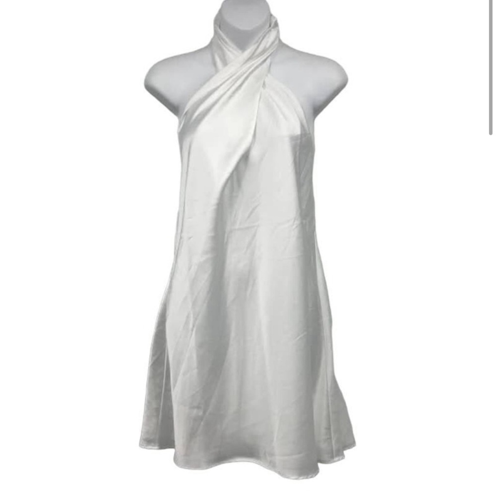 Show Me Your Mumu Jasmine Halter Mini Dress L Crossover Neck Satin Open Back
